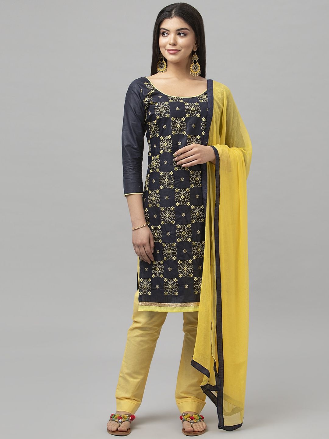 Satrani Yellow & Black Pure Cotton Unstitched Dress Material Price in India
