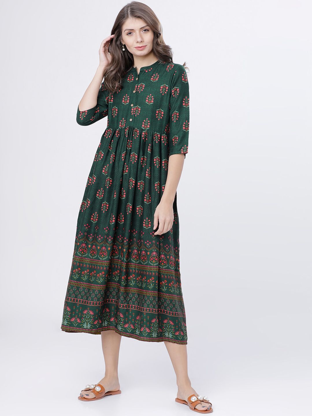 Vishudh Women Green Printed A-Line Dress Price in India