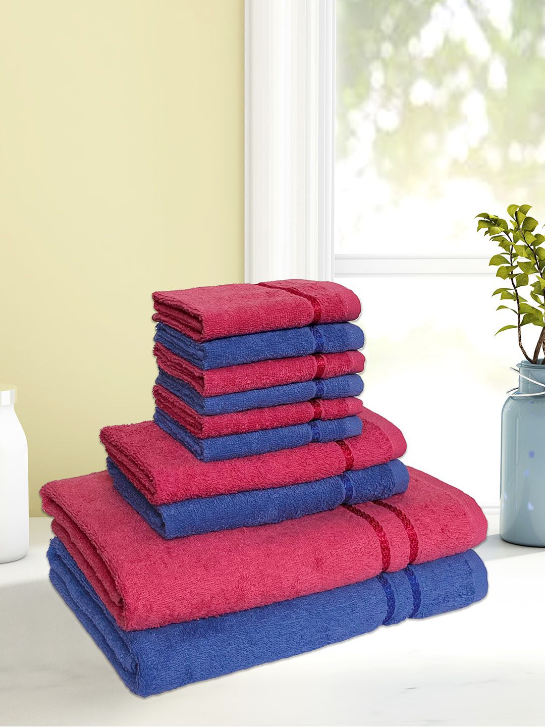 CORE Designed by SPACES Set of 10 Blue & Pink Solid 380 GSM Towels Price in India