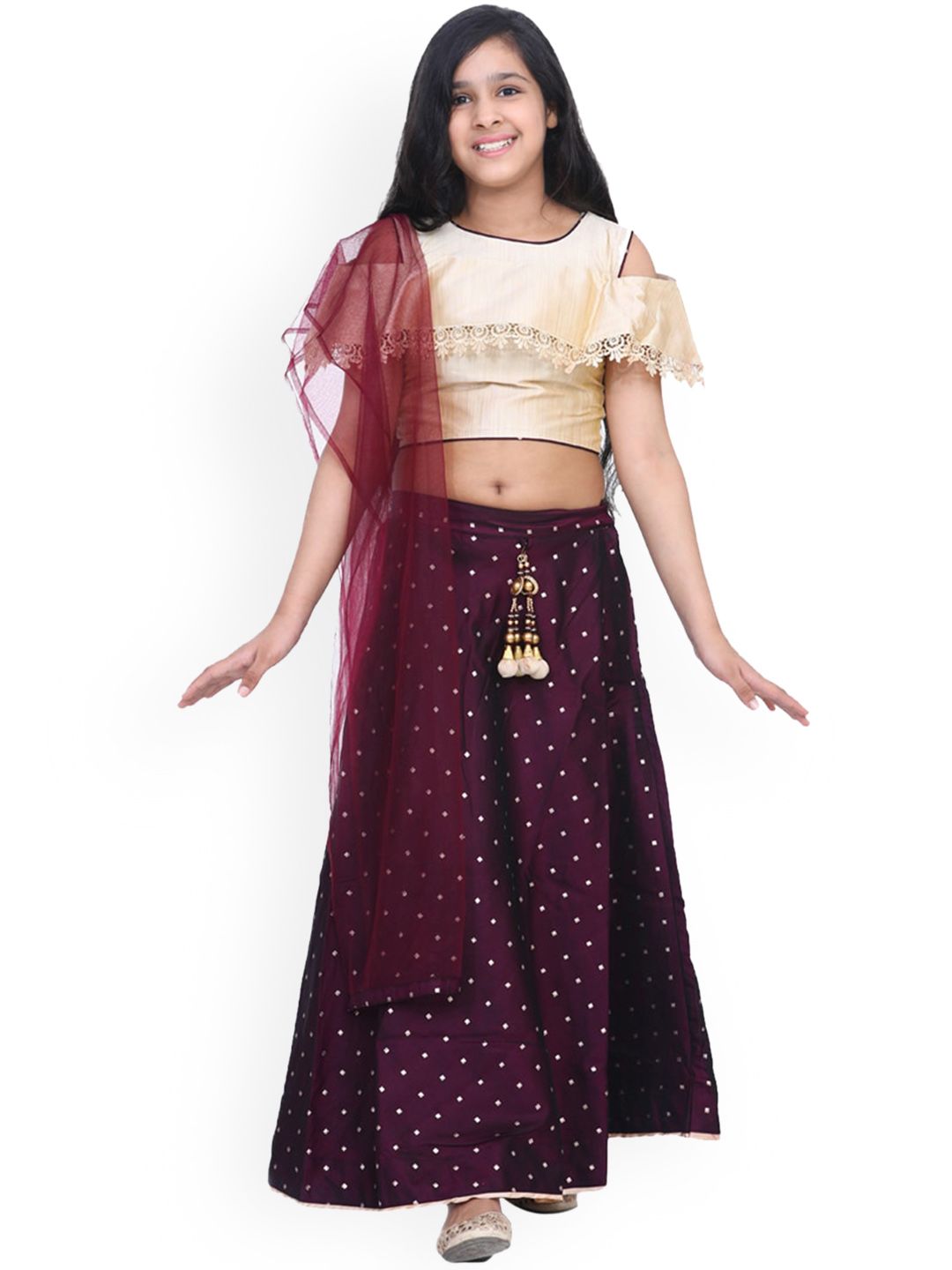 ADIVA Girls Maroon & Beige Solid Ready to Wear Lehenga & Blouse with Dupatta