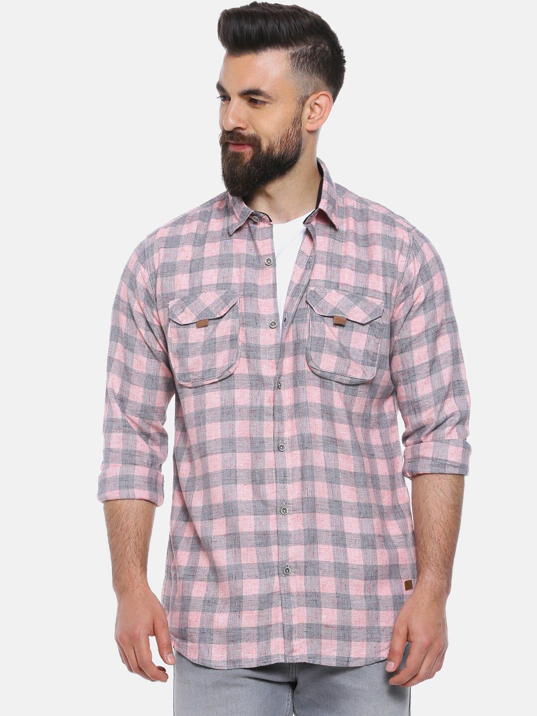 CAHOOT Men Pink & Grey Regular Fit Checked Casual Shirt