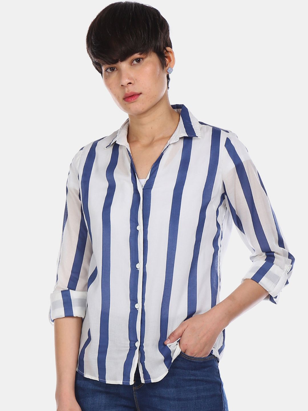 U.S. Polo Assn. Women Blue & White Regular Fit Striped Casual Shirt