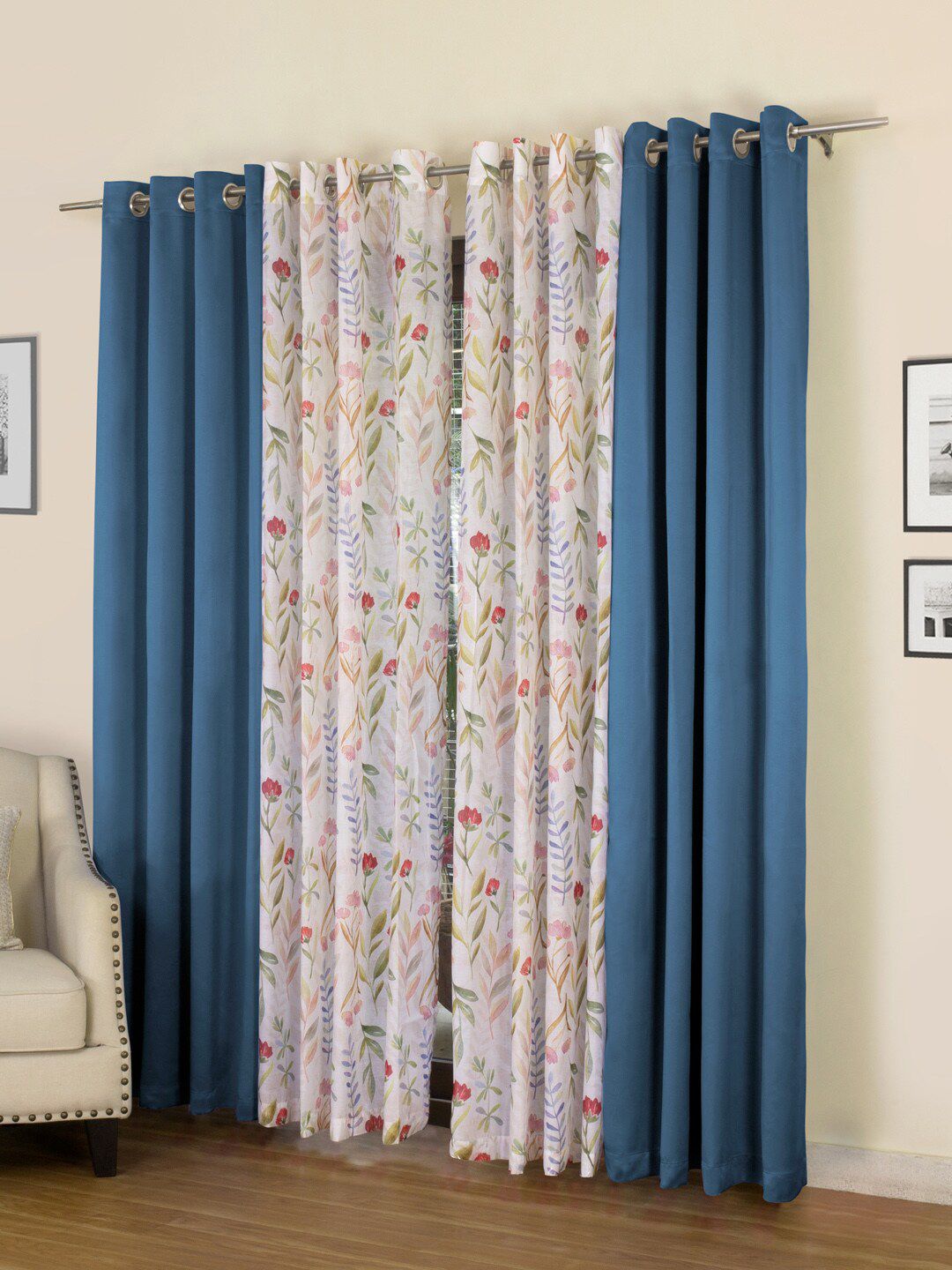 ROSARA HOME Blue & White Set of 4 Long Door Curtains Price in India