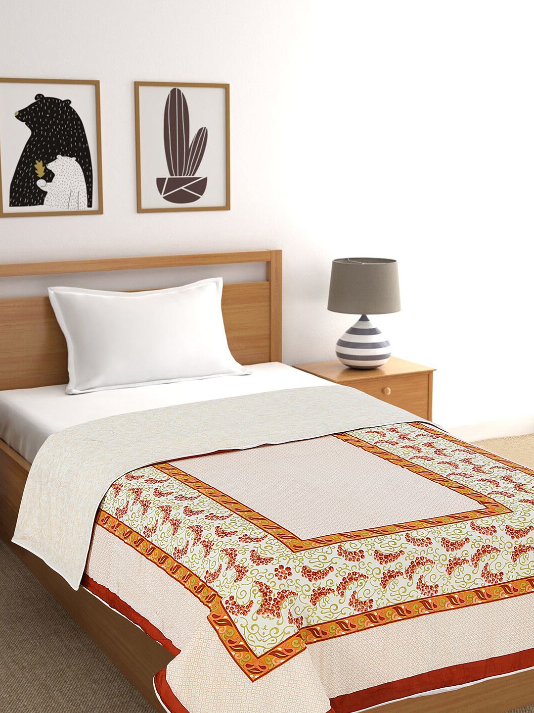 Salona Bichona Off-White & Brown Floral AC Room 120 GSM Single Bed Dohar Price in India