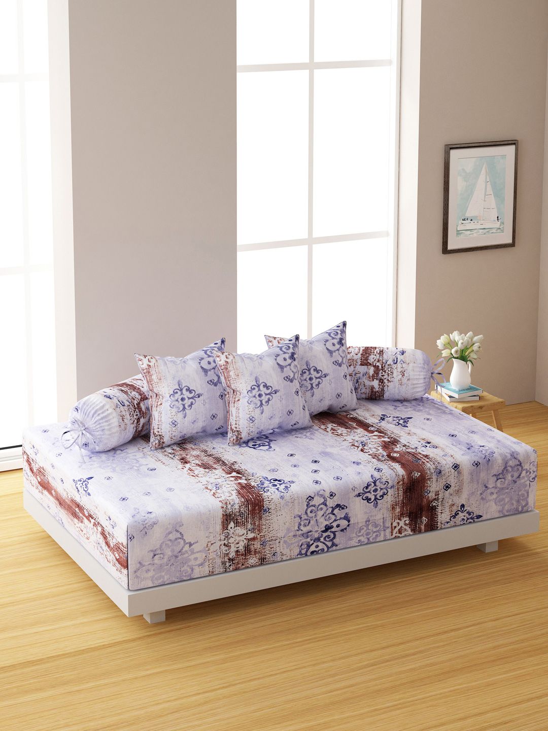 SWAYAM Set Of 6 Blue & Brown Printed 144 TC Bedsheet With Bolster & Cushion Covers Price in India