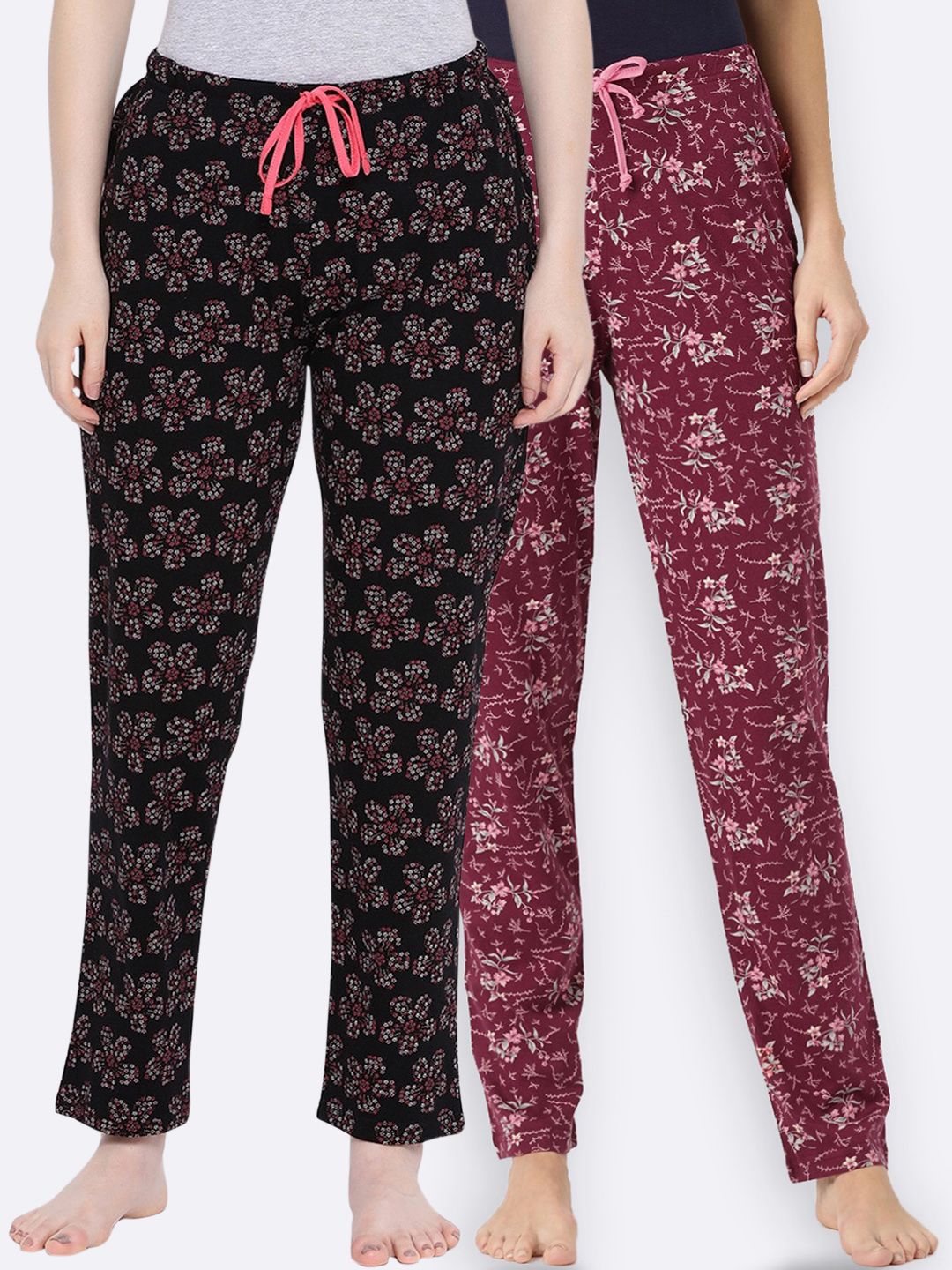 Kanvin Women Maroon & Black Pack Of 2 Printed Cotton Lounge Pants Price in India