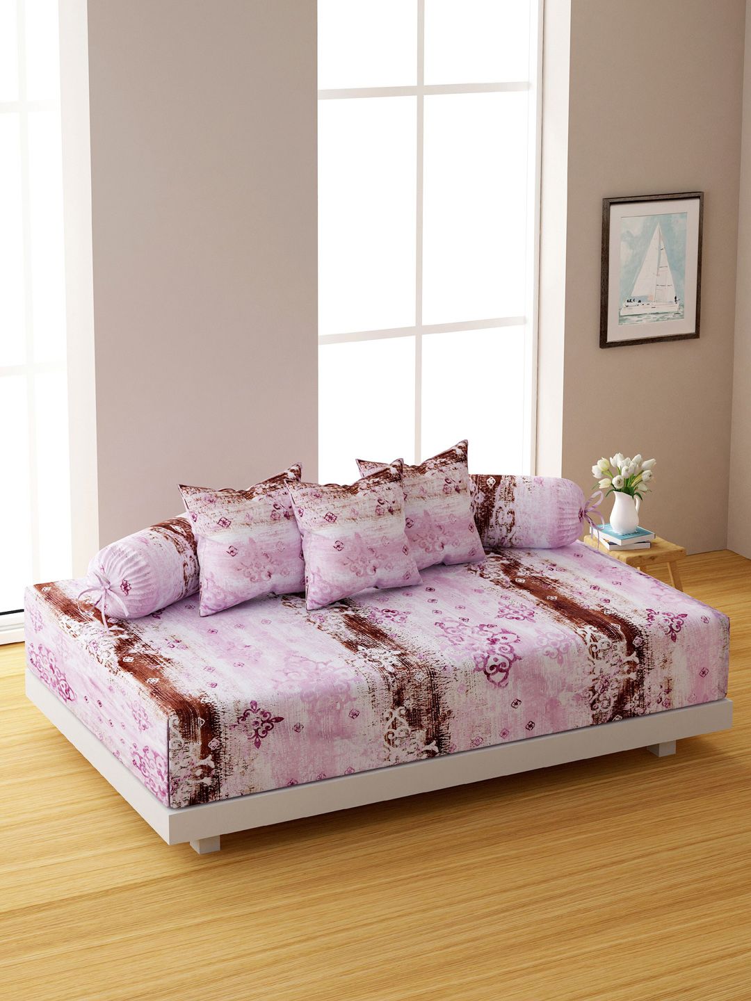 SWAYAM Set Of 6 Pink & White Geometric 144 TC Bedsheet With Bolsters & Cushion Covers Price in India