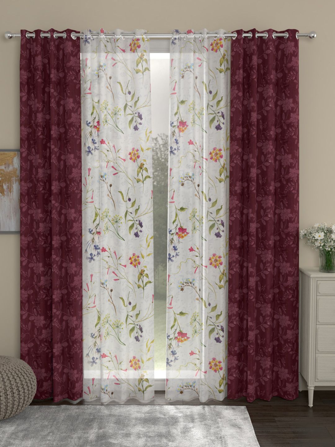 ROSARA HOME Maroon & White Set of 4 Long Door Curtains Price in India