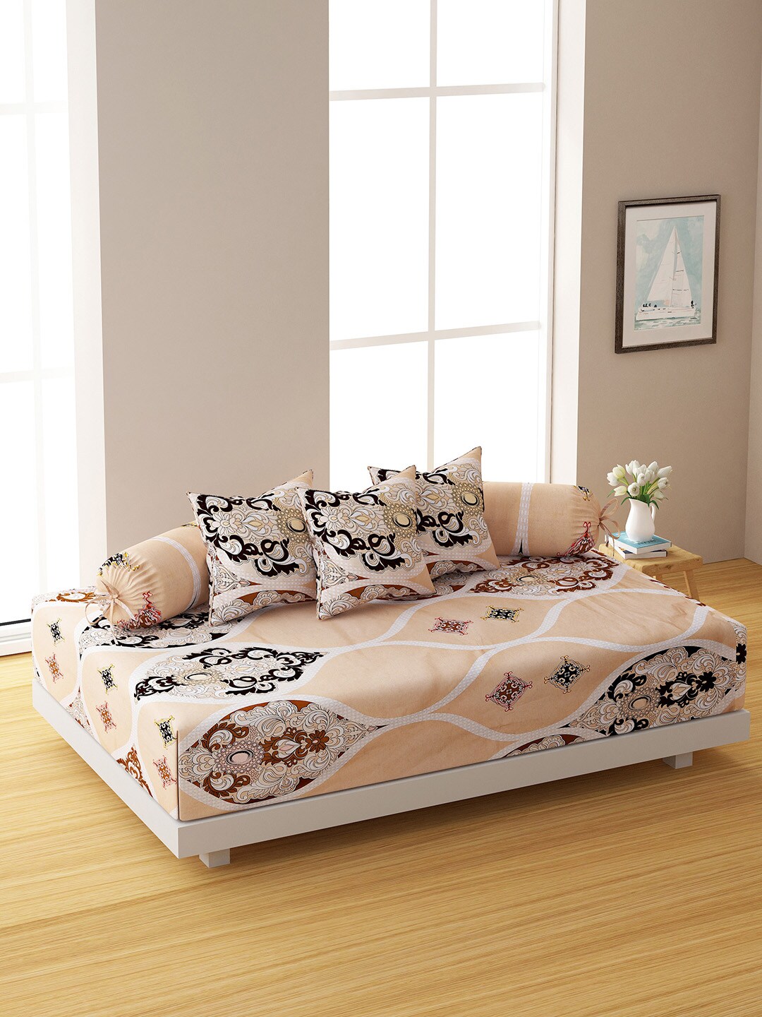 SWAYAM Set Of 6 Beige & White Geometric 144 TC Bedsheet With Bolster & Cushion Covers Price in India