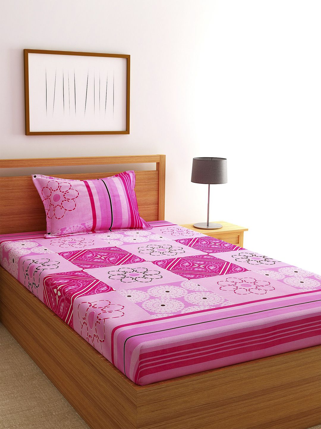 Florida Pink & White Ethnic Motifs 144 TC Cotton 1 Single Bedsheet with 1 Pillow Covers Price in India