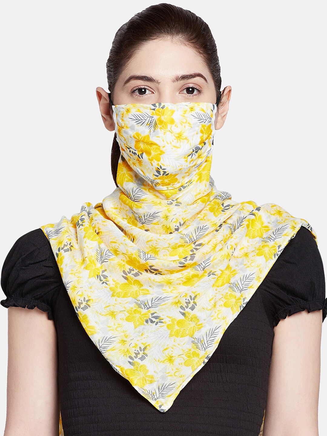 Honey by Pantaloons Women Yellow & White Printed Reusable Scarf Style Mask Price in India