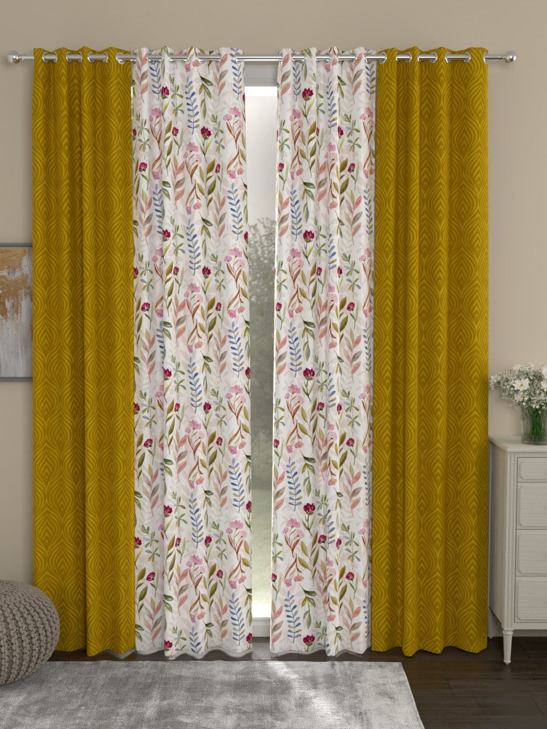 ROSARA HOME White & Gold-Toned Set of 4 Sheer Long Curtains Price in India