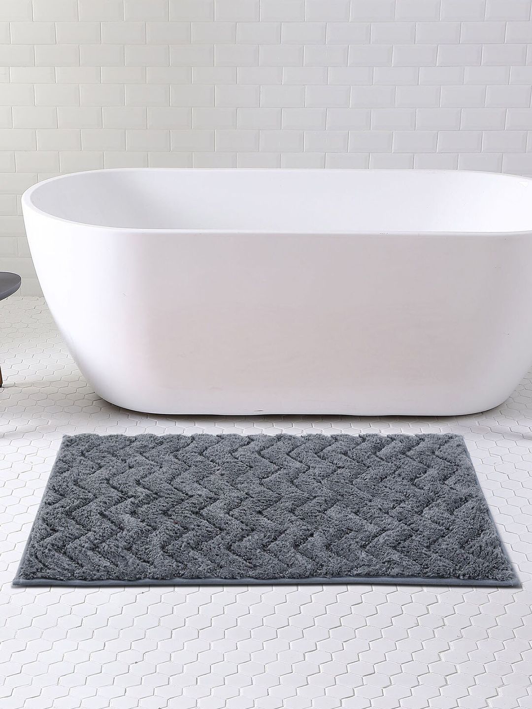 OBSESSIONS Grey Self Design Rectangular Bath Rug Price in India