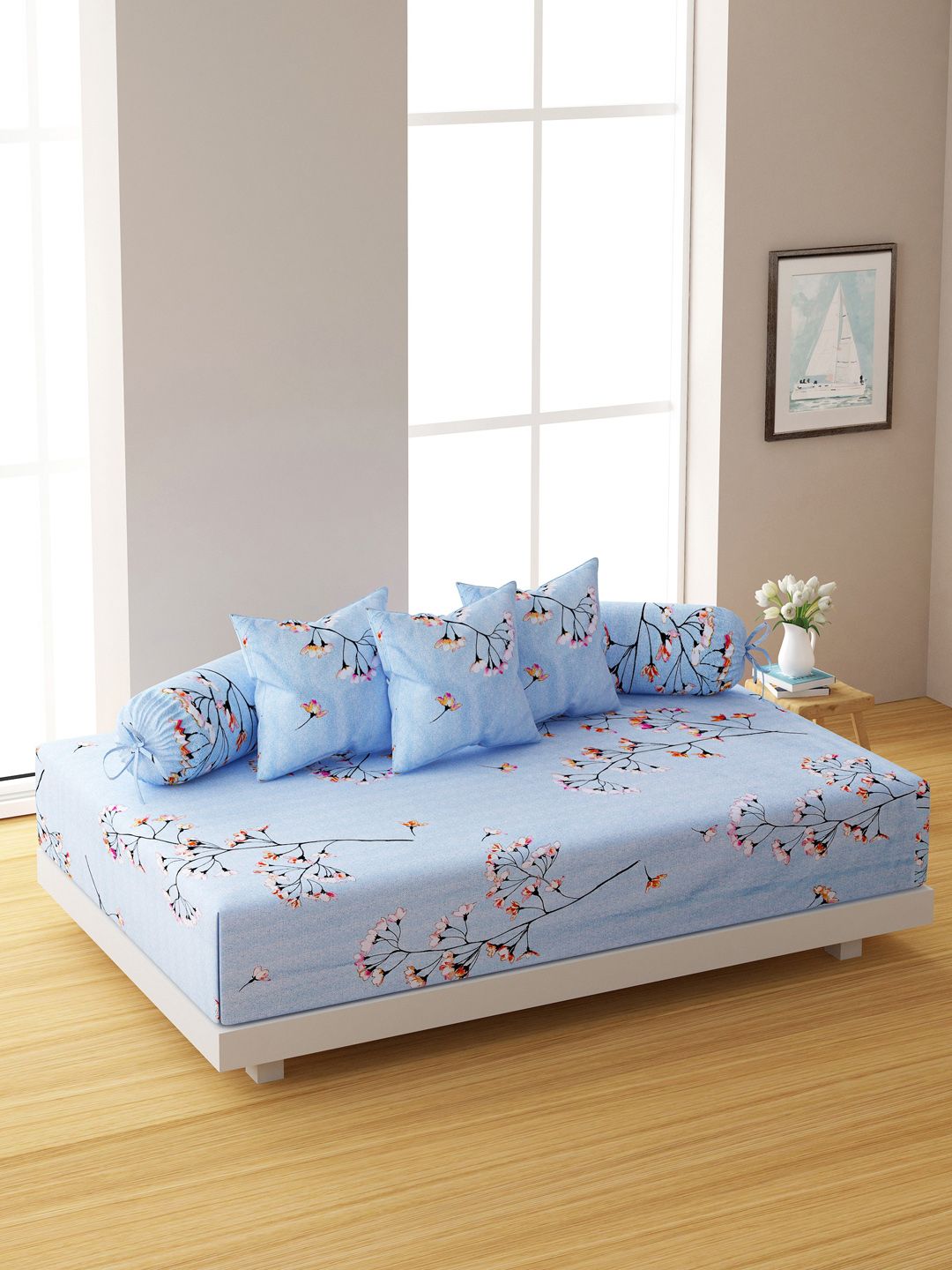 SWAYAM Set Of 6 Blue & Black Floral Printed 200 TC Bedsheet With Bolster & Cushion Covers Price in India