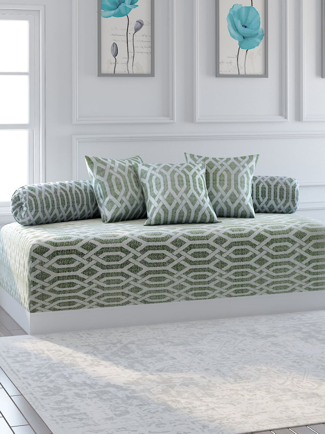 SWAYAM Set Of 6 Green & White Geometric 120 TC Bedsheet With Bolster & Cushion Covers Price in India
