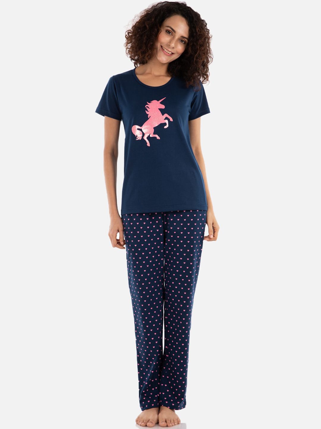 Nite Flite Women Navy Blue & Pink Printed Night suit Price in India