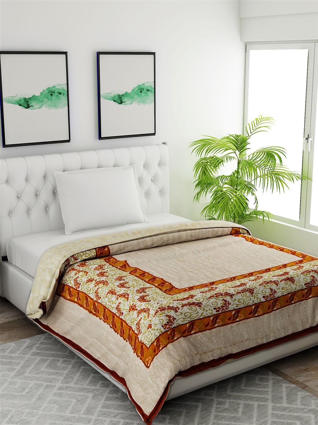 Salona Bichona Beige & Red Ethnic Motifs Mild Winter 120 GSM Single Bed Quilt Price in India