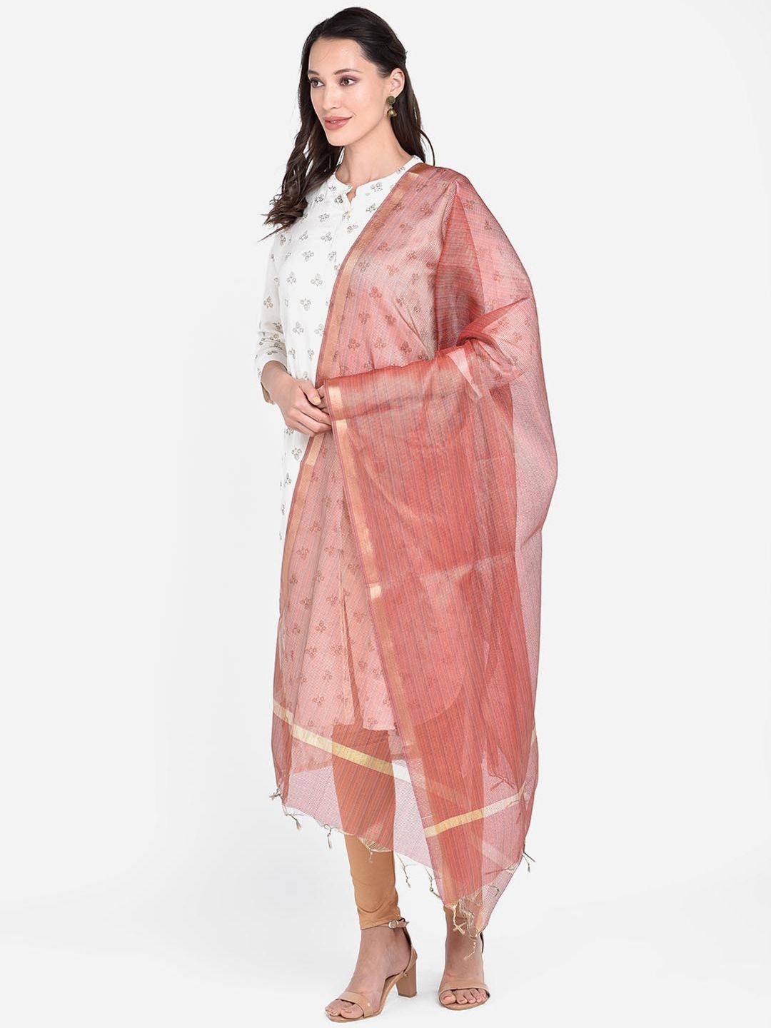 Dupatta Bazaar Women Peach-Coloured Checked Dupatta Price in India