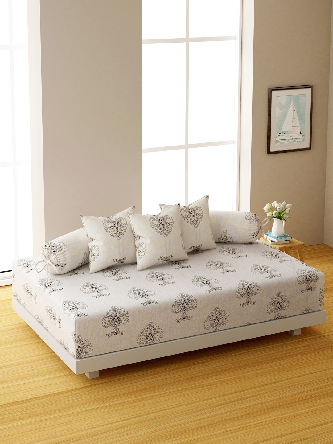 SWAYAM Set Of 6 White & Yellow Printed 200 TC Bedsheet With Bolster & Cushion Covers Price in India