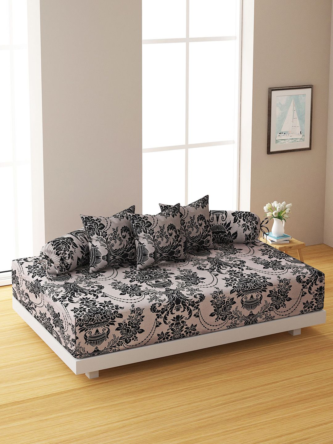 SWAYAM Set Of 6 Brown & Black Printed 120 TC Bedsheet With Bolster & Cushion Covers Price in India
