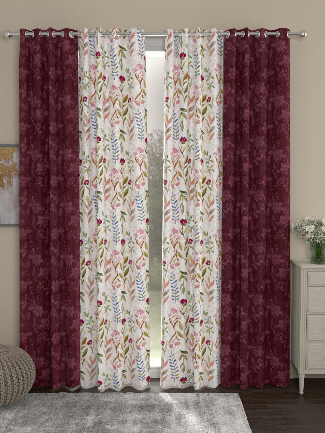 ROSARA HOME Maroon & White Set of 4 Long Door Curtains Price in India