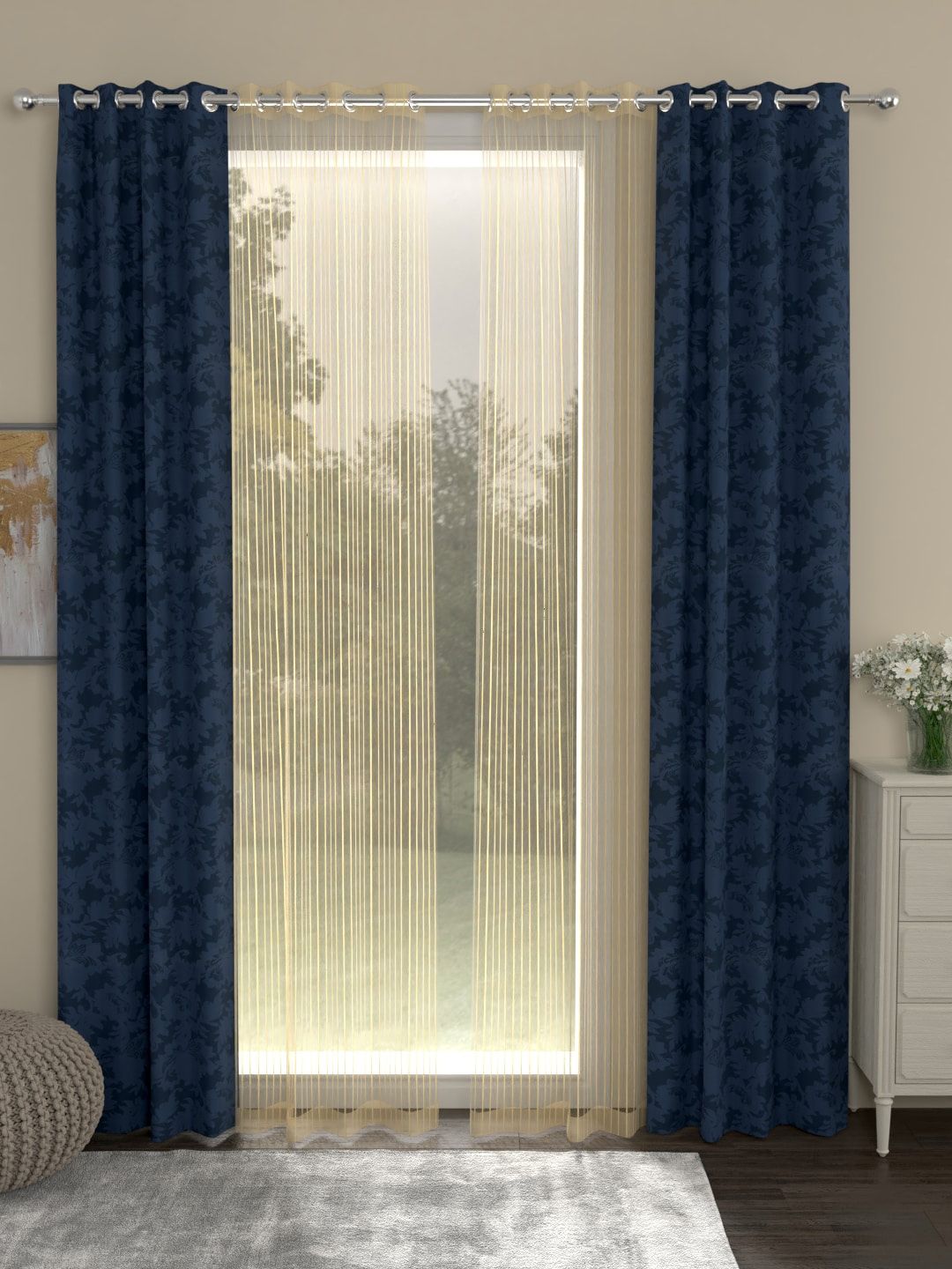 ROSARA HOME Navy Blue & Beige Set of 4 Long Long Door Curtains Price in India