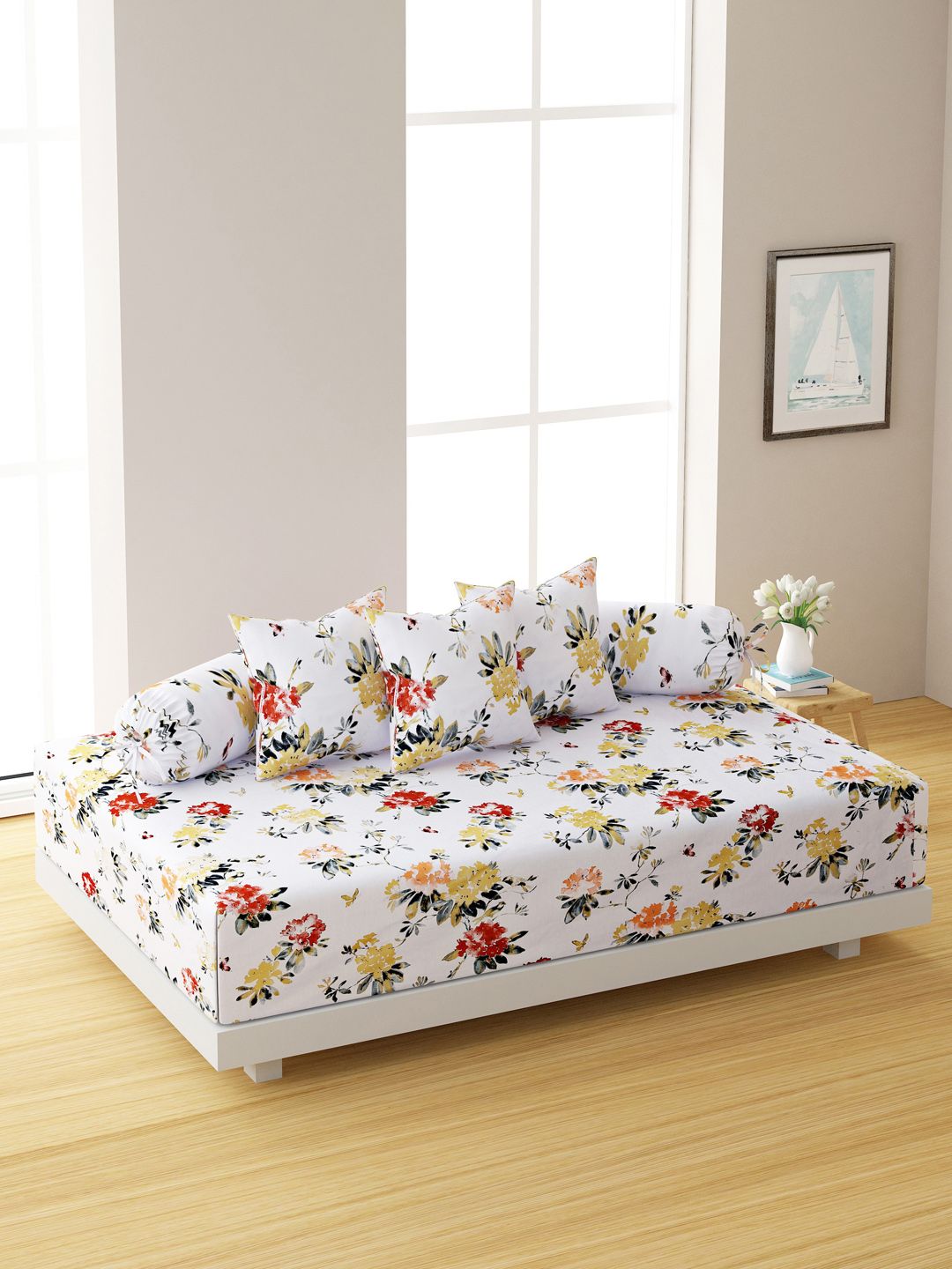 SWAYAM Set Of 6 White & Red Floral Printed 200 TC Bedsheet With Bolster & Cushion Covers Price in India