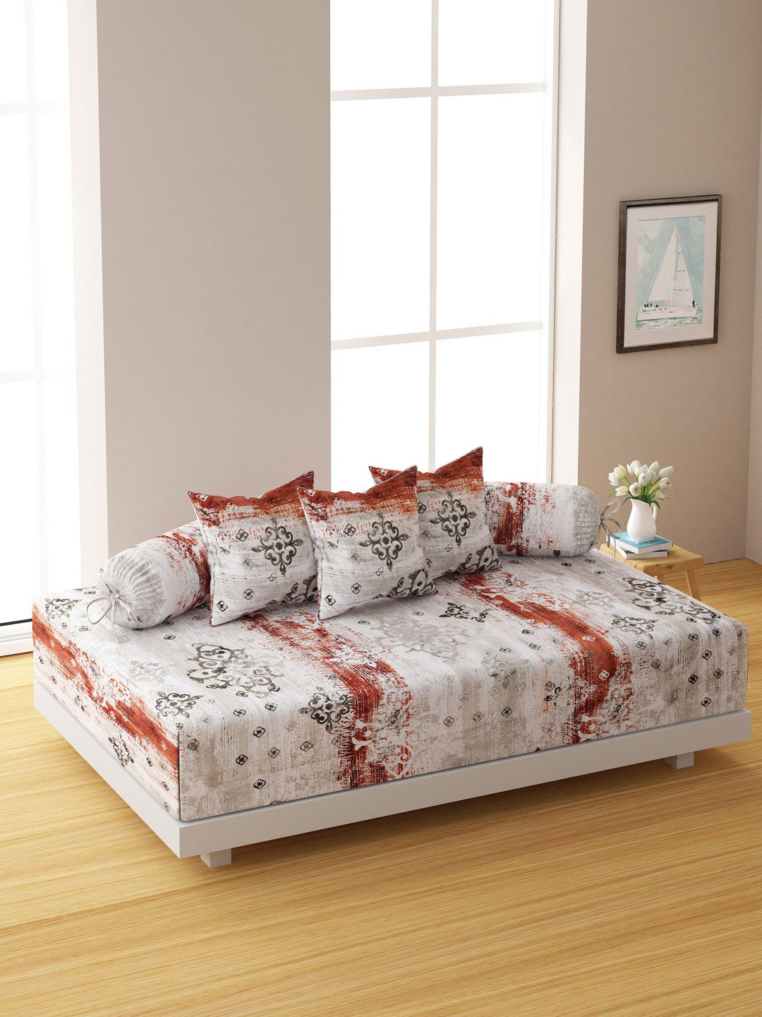 SWAYAM Set Of 6 Beige & Red Printed 144 TC Bedsheet With Bolster & Cushion Covers Price in India