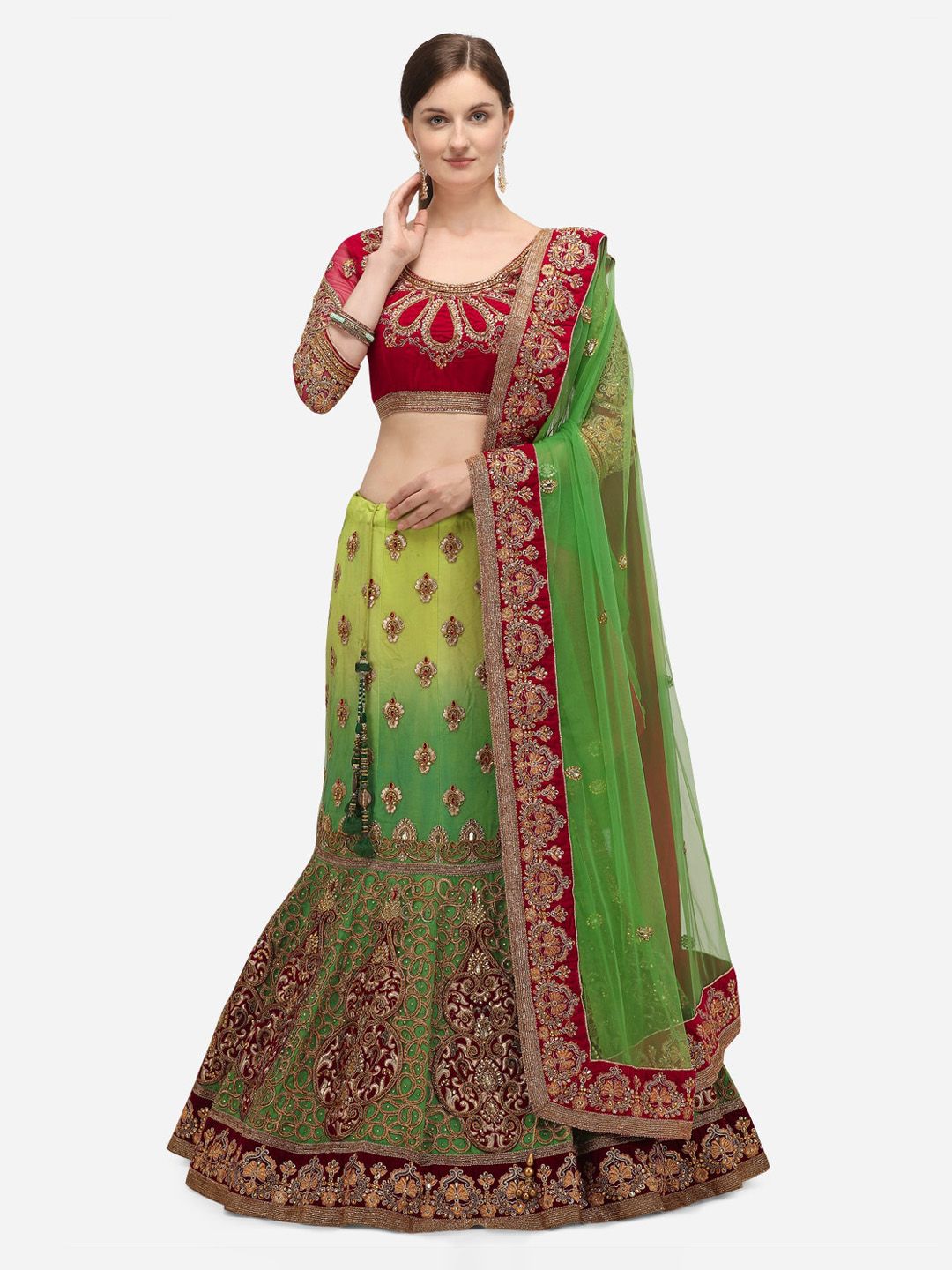 NAKKASHI Green & Red Embroidered Semi-Stitched Lehenga & Unstitched Blouse with Dupatta Price in India