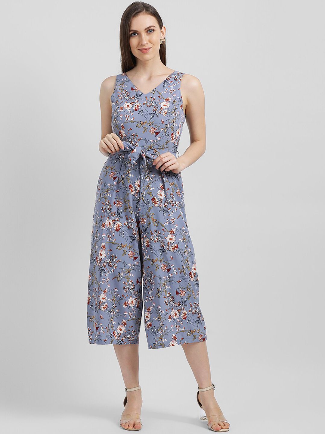 Zink London Women Blue & White Printed Basic Jumpsuit Price in India
