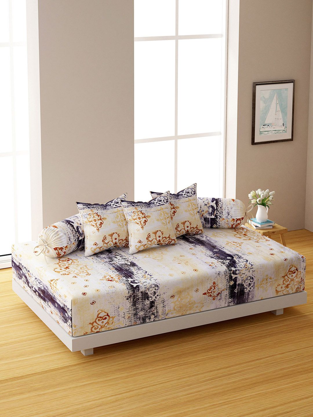 SWAYAM Set Of 6 Yellow & Brown Printed 144 TC Bedsheet With Bolster & Cushion Covers Price in India