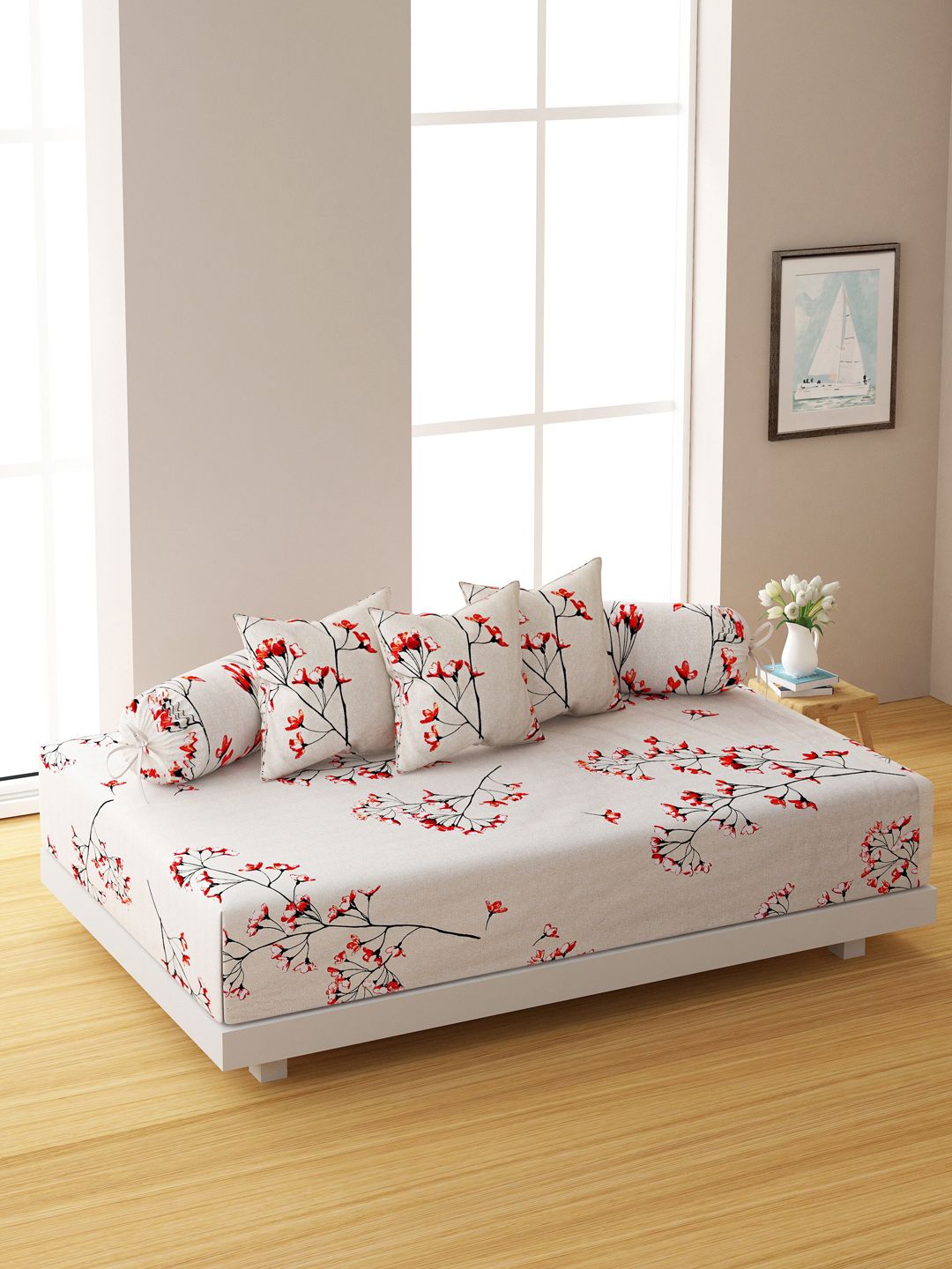 SWAYAM Set Of 6 Beige & Red Floral Printed 200 TC Bedsheet With Bolster & Cushion Covers Price in India