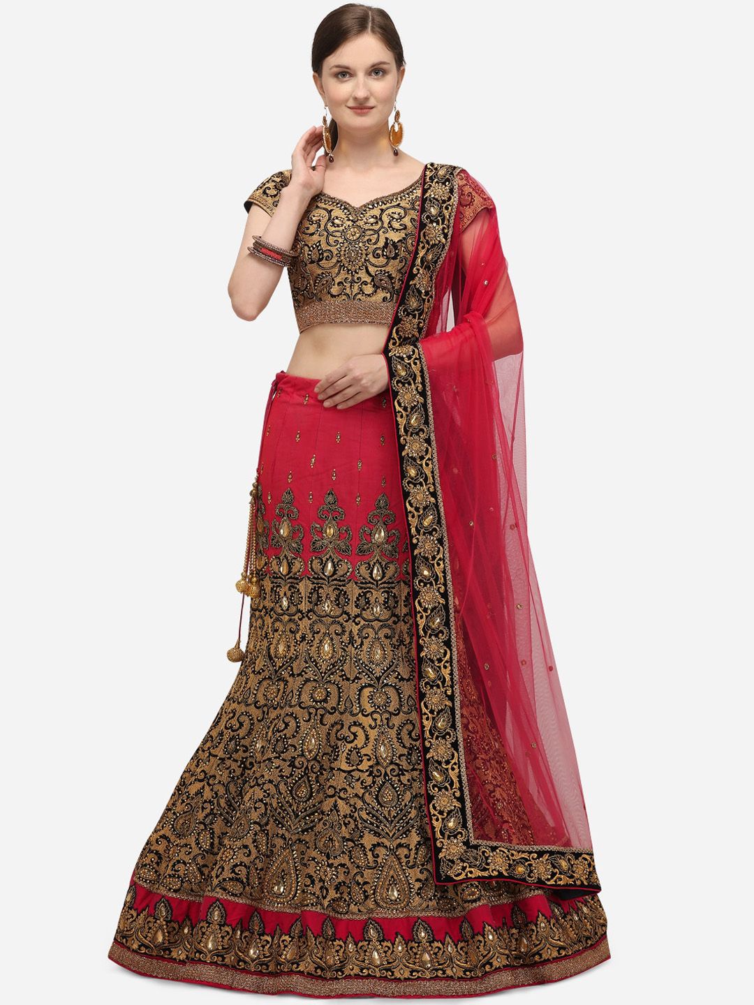 NAKKASHI Fuchsia & Gold-Toned Embroidered Semi-Stitched Lehenga & Unstitched Blouse with Dupatta