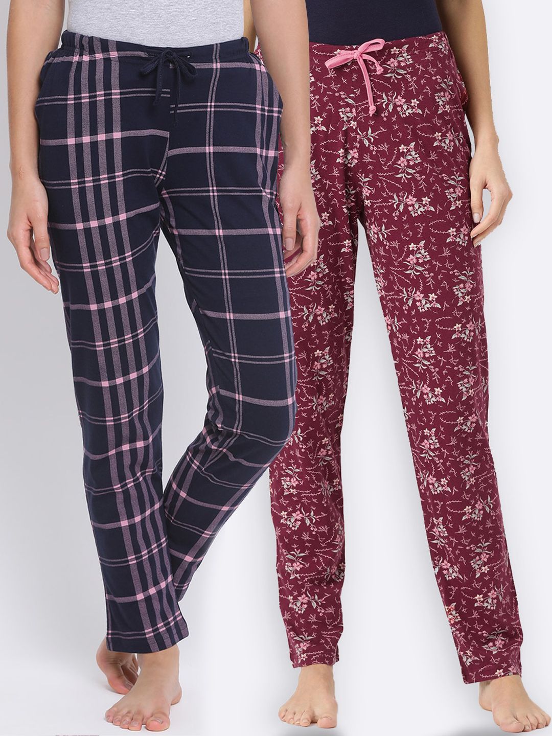 Kanvin Women Maroon & Navy Blue Pack Of 2 Cotton Lounge Pants Price in India