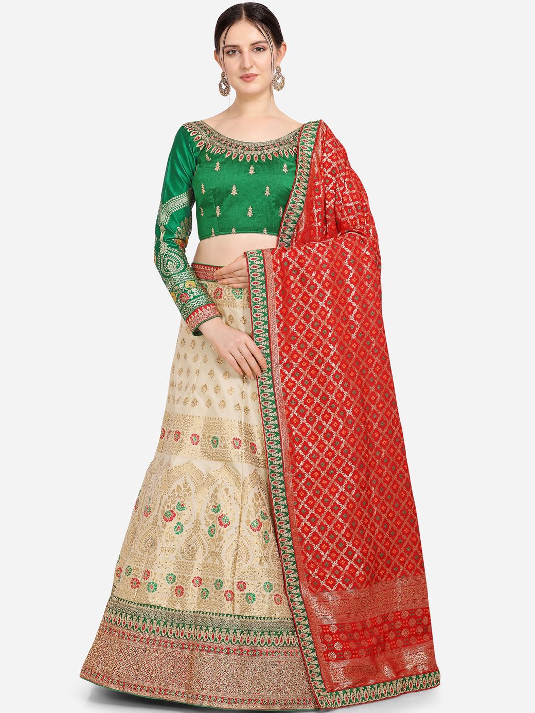 Stylee LIFESTYLE Beige & Green Embellished Semi-Stitched Lehenga & Unstitched Blouse with Dupatta