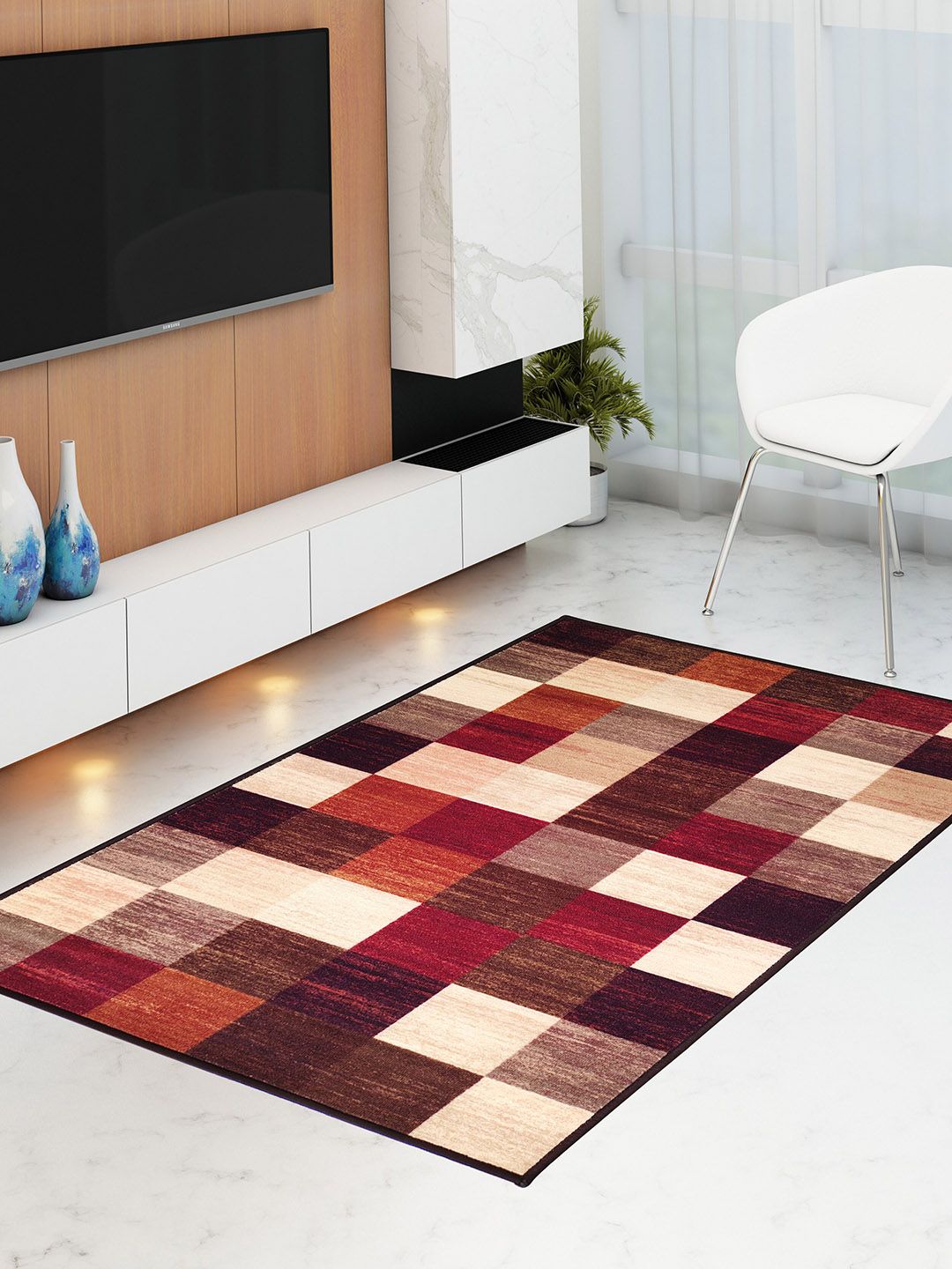 Athom Trendz Maroon & Brown Geometric Premium Anti-Skid Carpet Price in India