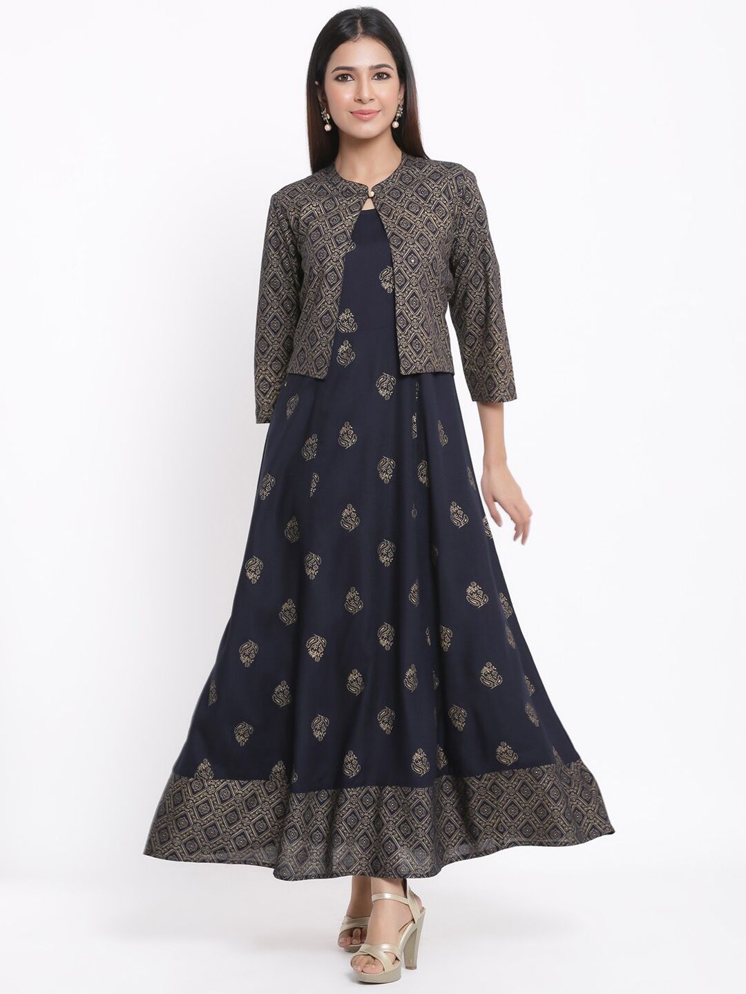 kipek Women Navy Blue Printed Maxi Dress Price in India