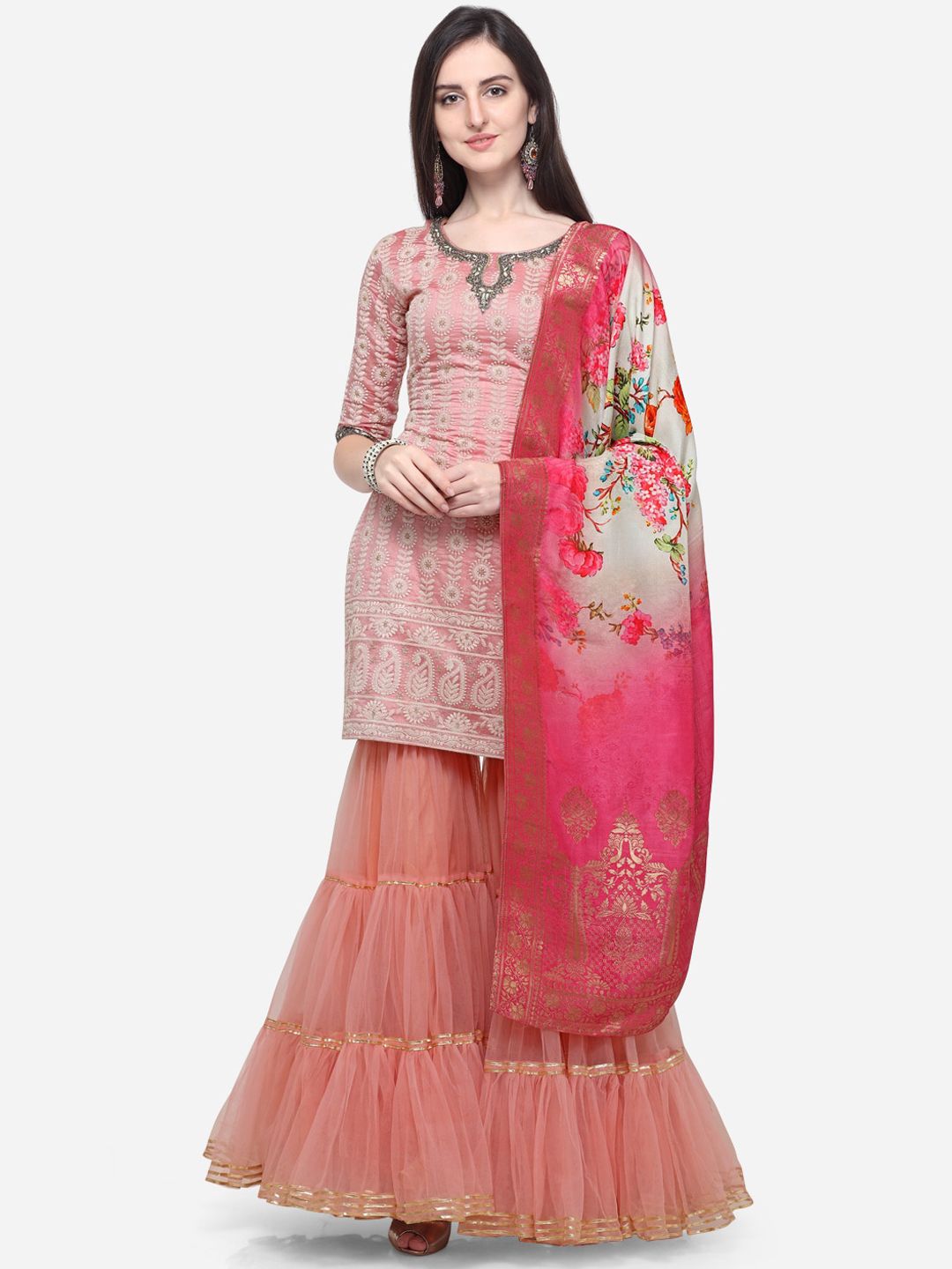 Stylee LIFESTYLE Pink & White Silk Blend Semi-Stitched Dress Material