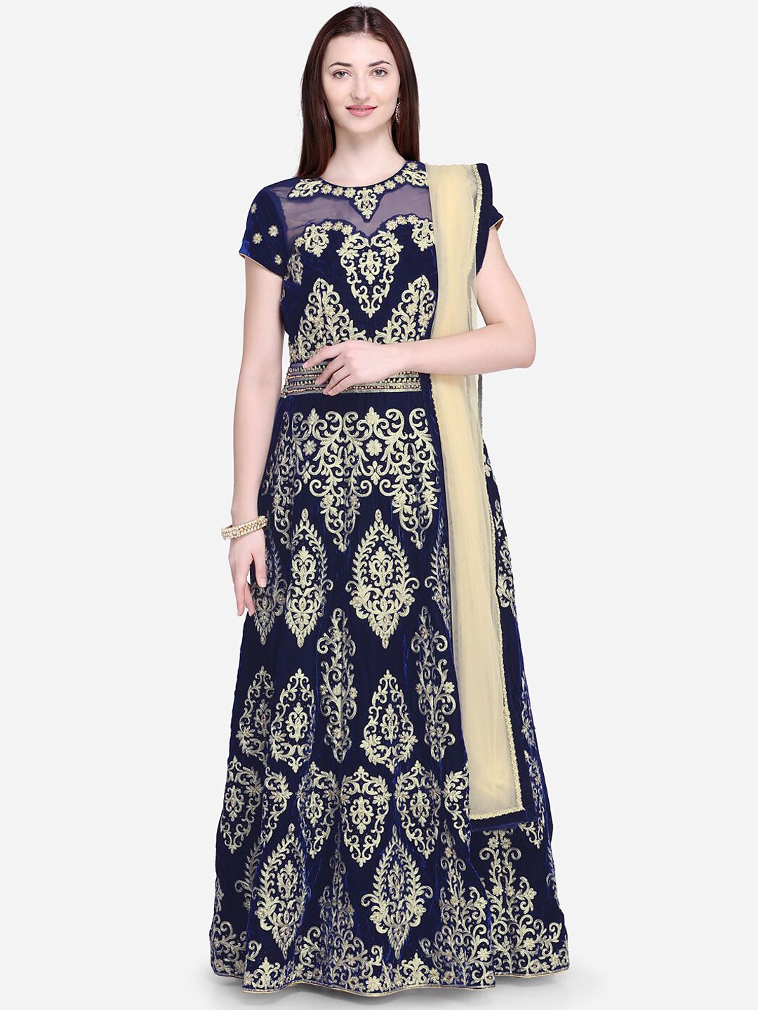 Stylee LIFESTYLE Navy Blue & Gold-Toned Velvet Semi-Stitched Dress Material Price in India