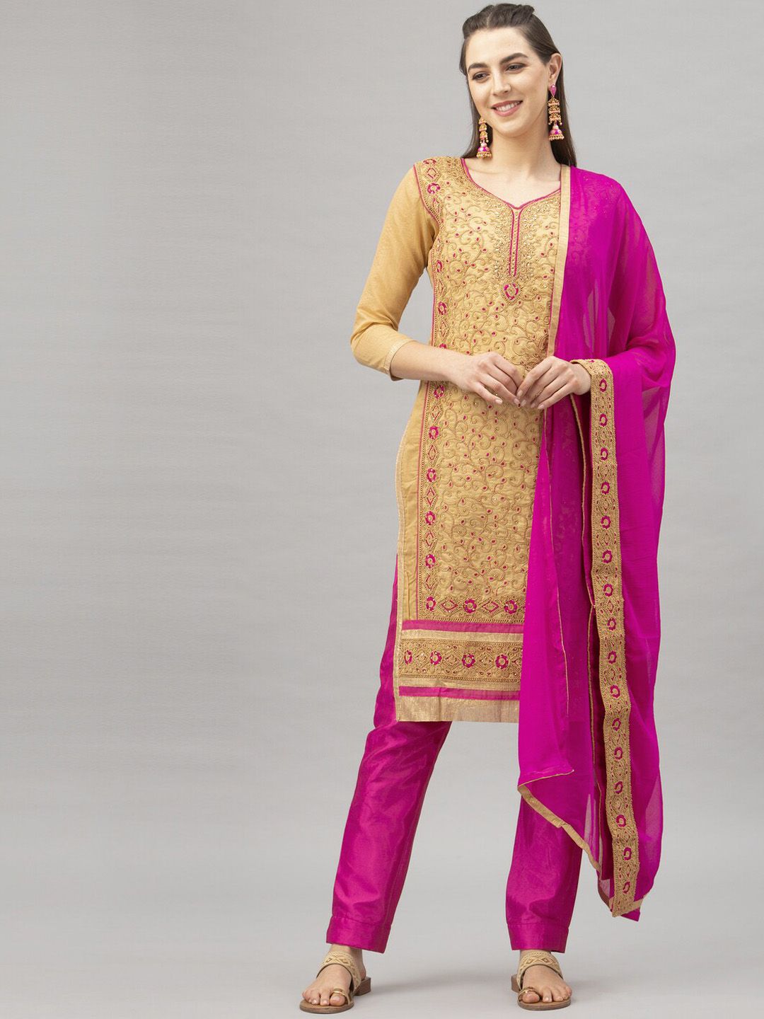 Satrani Beige & Pink Cotton Blend Unstitched Dress Material Price in India