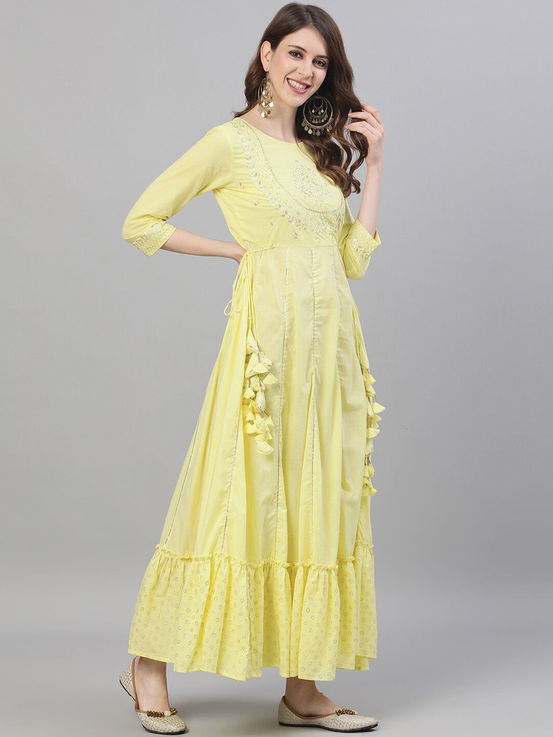 Ishin Women Yellow Embroidered Maxi Dress Price in India