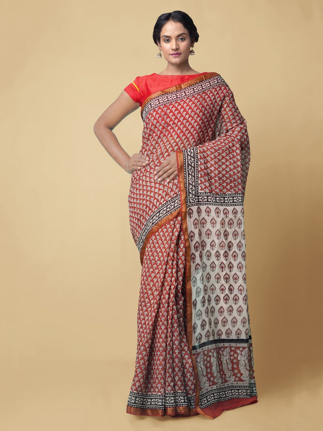 Unnati Silks Red & Off-White Pure Cotton Printed Block Print Saree