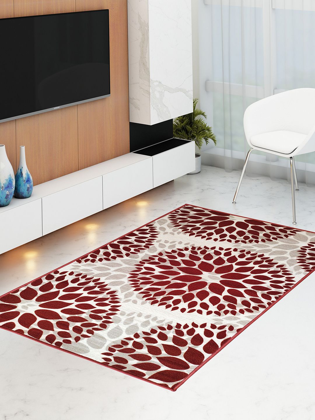 Athom Trendz Maroon & White Floral Printed Anti-Skid Carpet Price in India