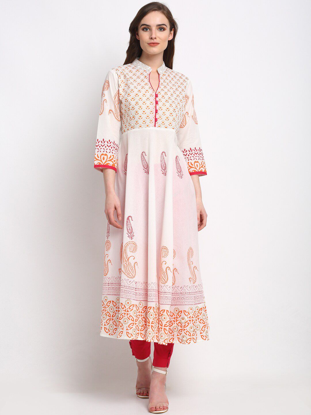 Friskers Women Cream-Coloured & Orange Ethnic Motifs Printed Anarkali Kurta