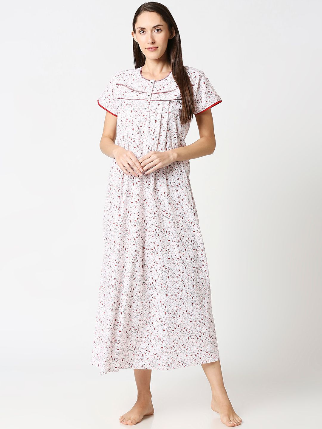 AV2 Women Red & White Floral Printed Pure Cotton Nightdress 1186BS