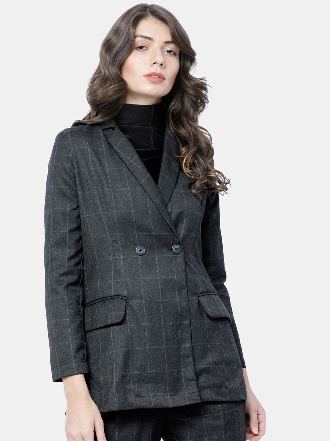 Tokyo Talkies Women Charcoal Checked Double-Breasted Sustainable Casual Blazer Price in India