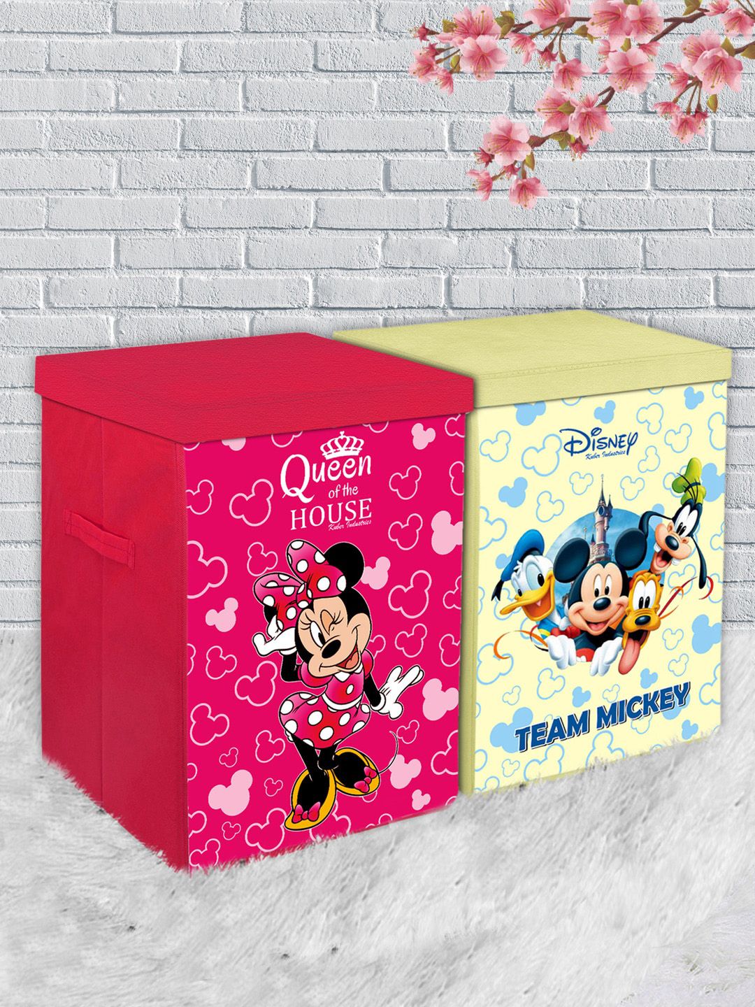 Kuber Industries Set Of 2 Disney Print Foldable Organiser Basket With Lid & Handles Price in India