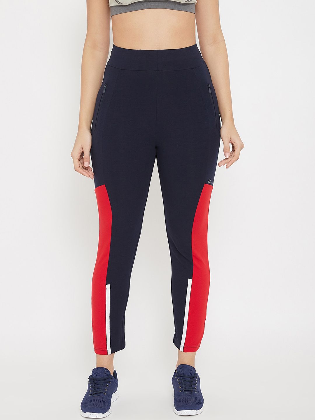 C9 AIRWEAR Women Navy Blue & Red Colorblocked Straight-Fit Track Pants Price in India