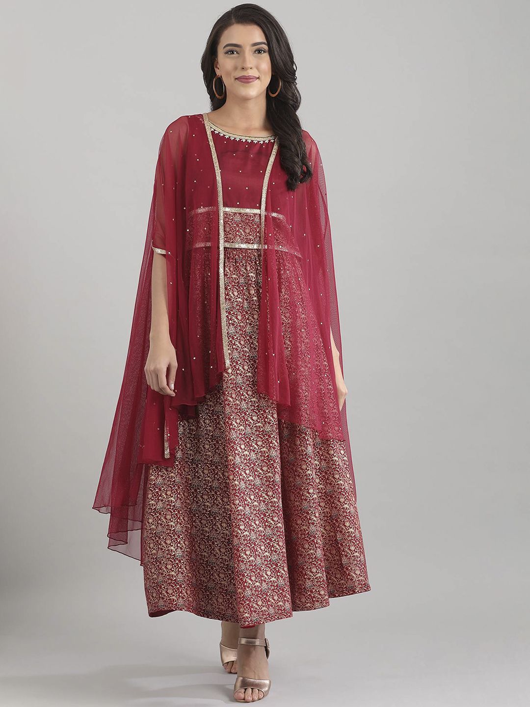 AURELIA Women Maroon & Gold-Toned Printed Top with Skirt Price in India