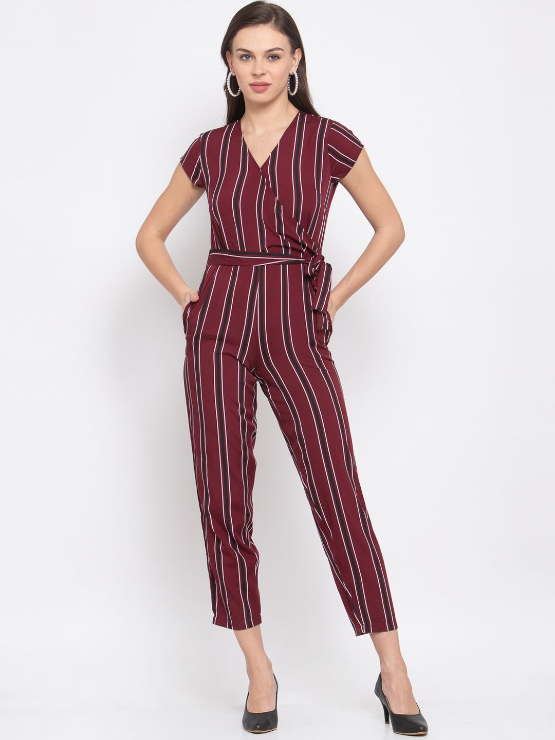 Style Quotient Women Maroon Striped Basic Jumpsuit Price in India
